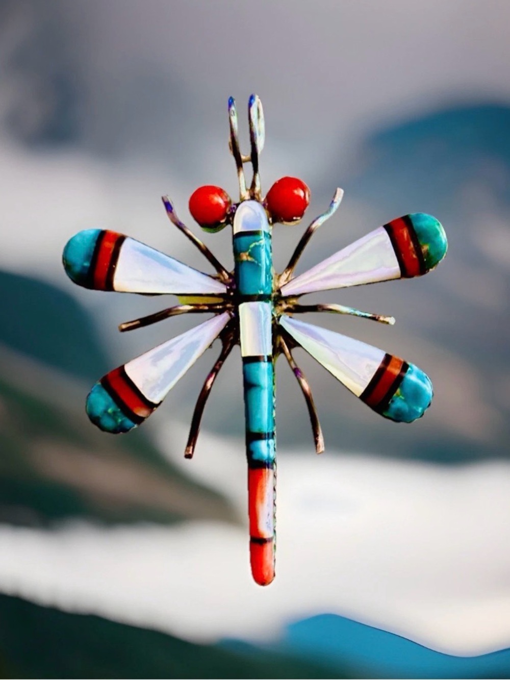 Haloo Zuni sterling silver spiderweb turquoise/coral/shell dragonfly pendant/pin
